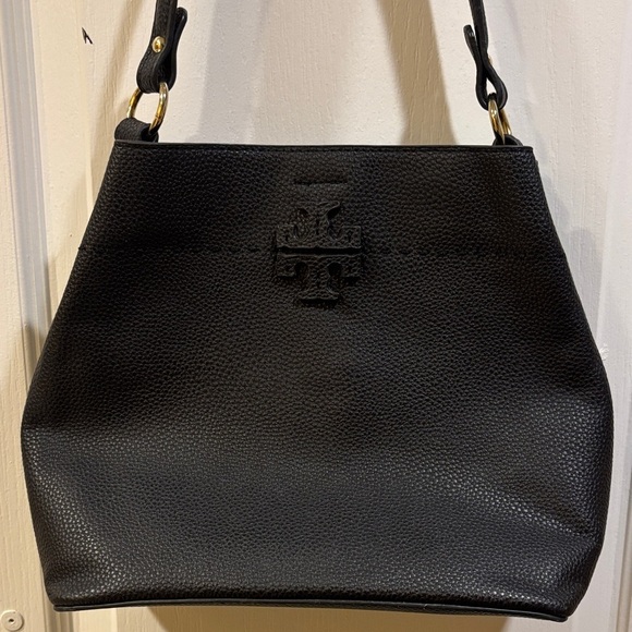 Source Unknown Handbags - BLACK PEBBLED FAUX LEATHER HANDBAG/CROSSBODY T DESIGN GOLD TONED HARDWARE